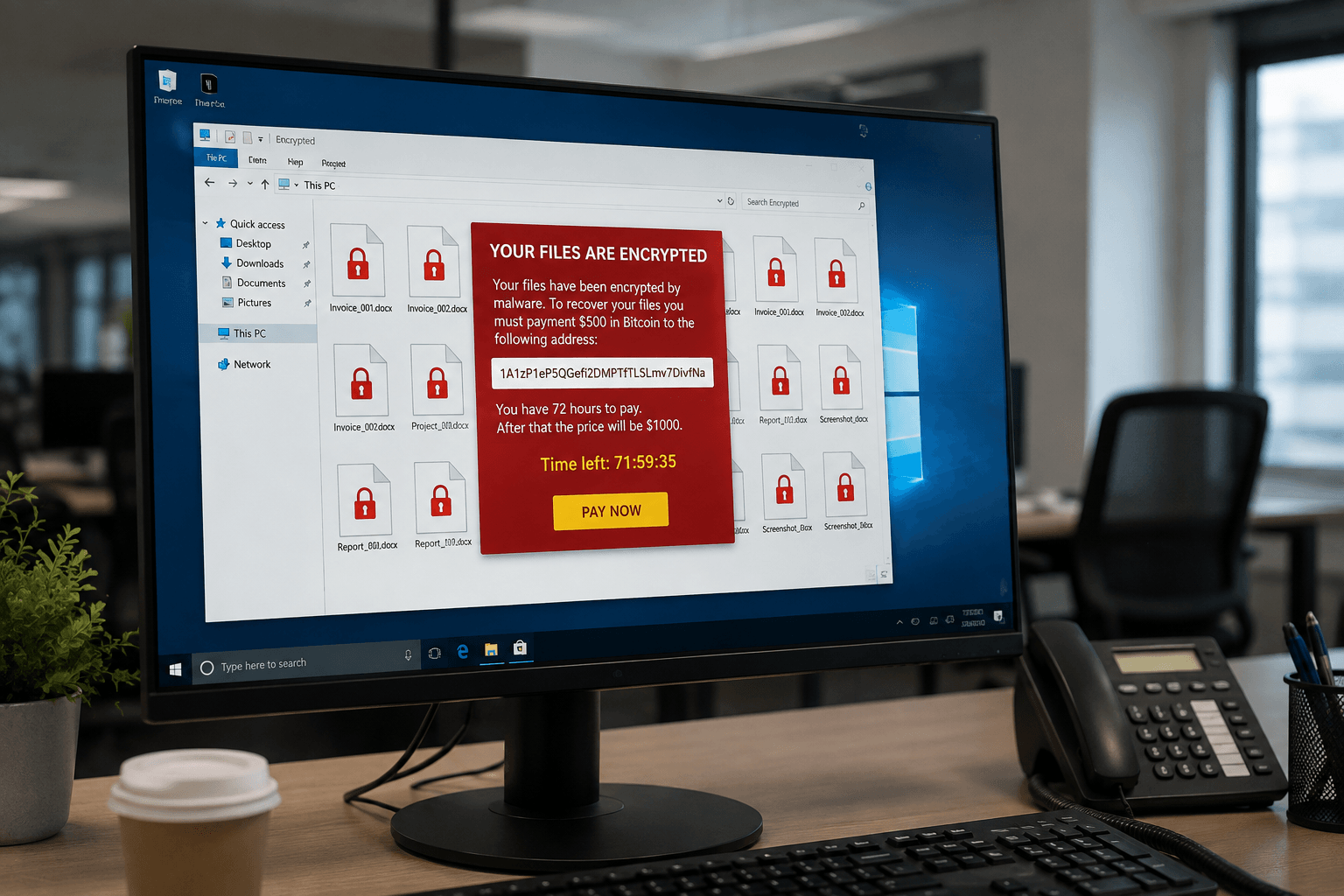Un ordenador de una oficina muestra una ventana de Windows con múltiples carpetas y archivos cifrados, identificados con iconos de candado rojo.